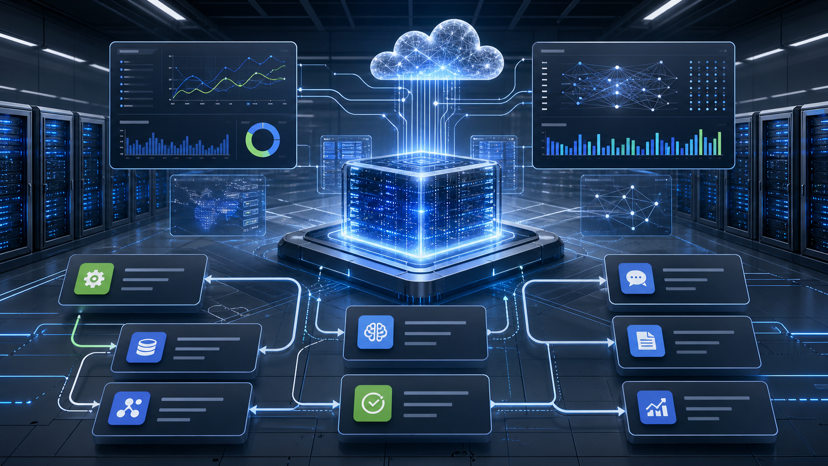 AI compute infrastructure with data center racks, cloud systems, benchmark dashboards, and agent workflow cards.
