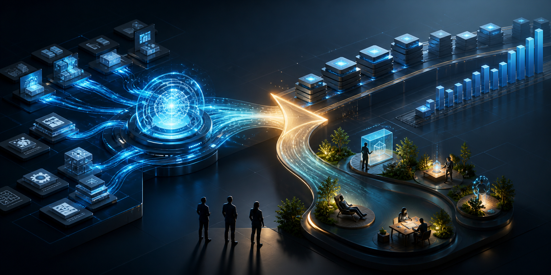 An AI workflow engine sends productivity gains toward either rising output targets or a more balanced path of quality, experimentation, and human recovery.