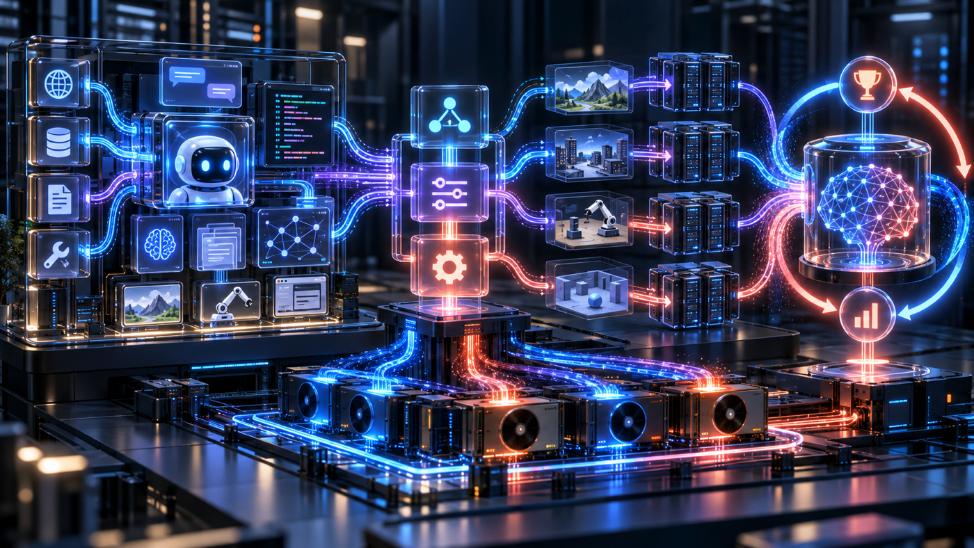 A working AI agent harness sends real tool and environment interactions through a compact training control plane into a reinforcement-learning model loop.