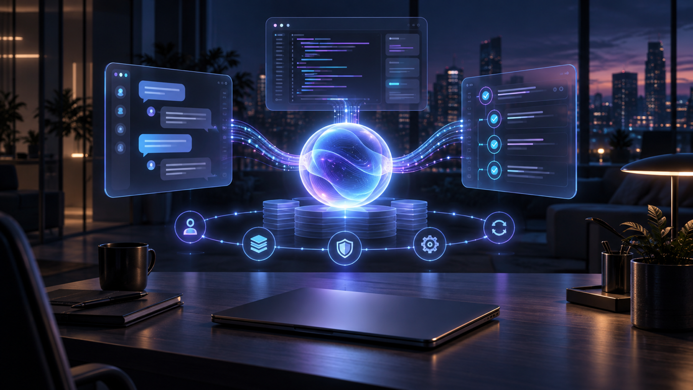 A persistent AI agent coordinates chat, code, and recurring enterprise workflows from a secure cloud workspace while a laptop remains closed.