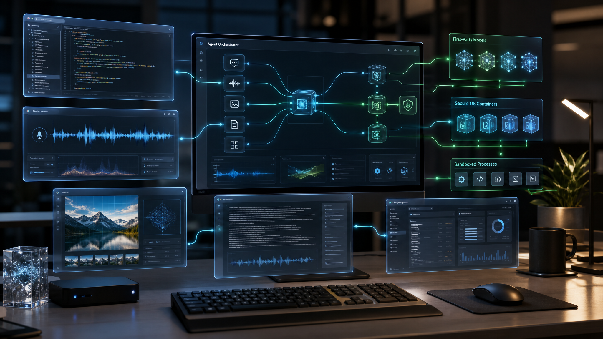 A developer workstation showing connected AI model panels, secure OS containers, code tools, and local agent workflow dashboards.
