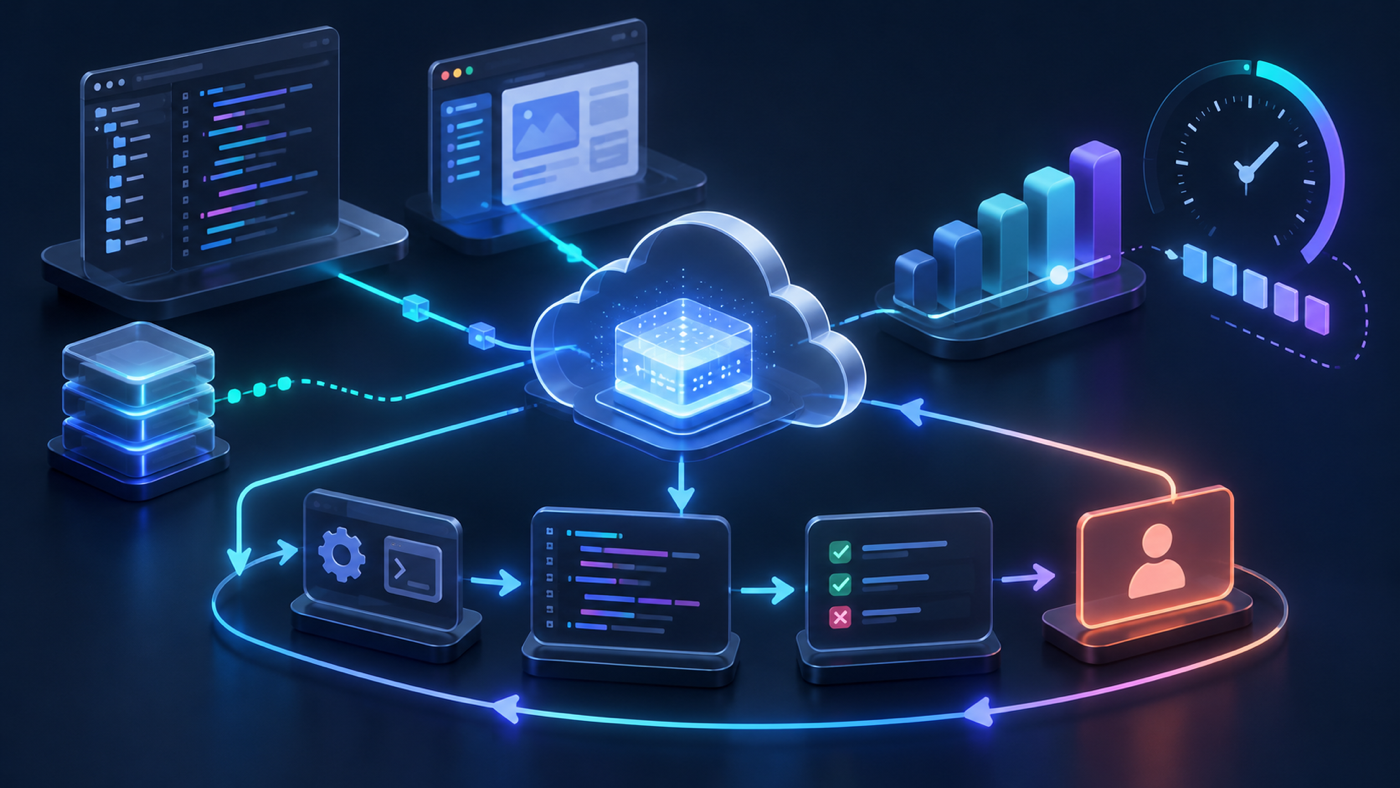 A hosted model core connects code and app panels to a tool-and-test loop, reasoning-effort control, cached context, timing, and human review.