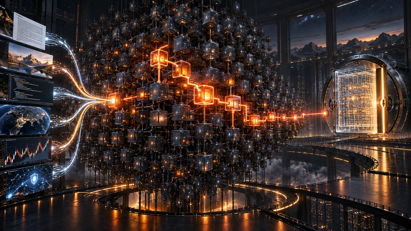 A vast sparse AI expert lattice activates a narrow route between multimodal inputs and a sealed open-weights vault.