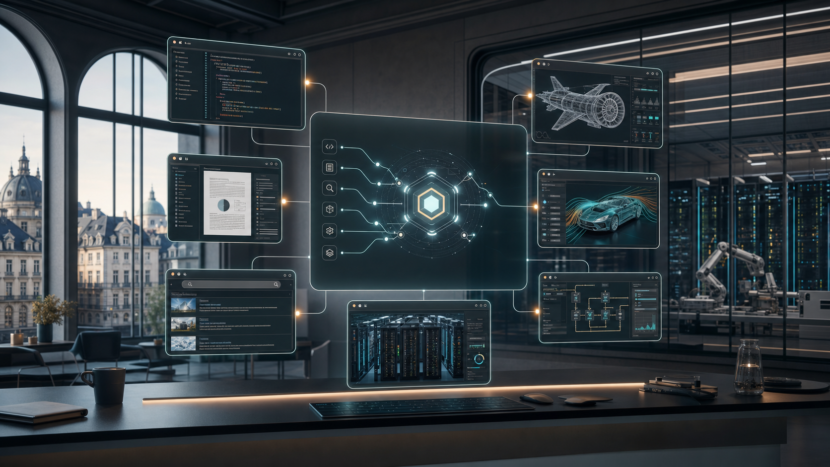 Unified AI agent workspace connecting code, search, enterprise documents, industrial engineering simulations, and inference infrastructure.