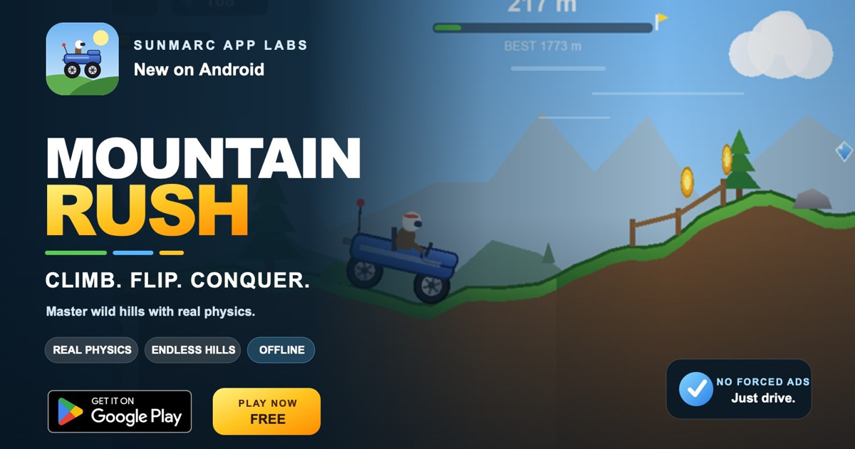 The blue Mountain Rush buggy jumping over rolling hills toward fuel, coins, and a gem.