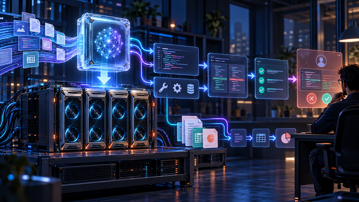 An open model cartridge connects a four-module GPU server cluster to repository context, code edits, tools, tests and a review gate.