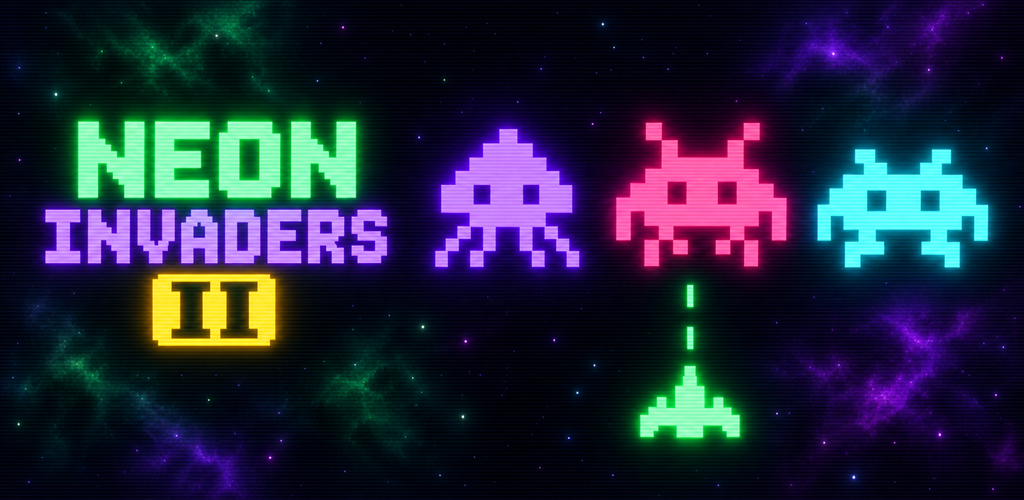 Neon Invaders II feature graphic with three pixel-art alien invaders above a glowing player ship in deep space.