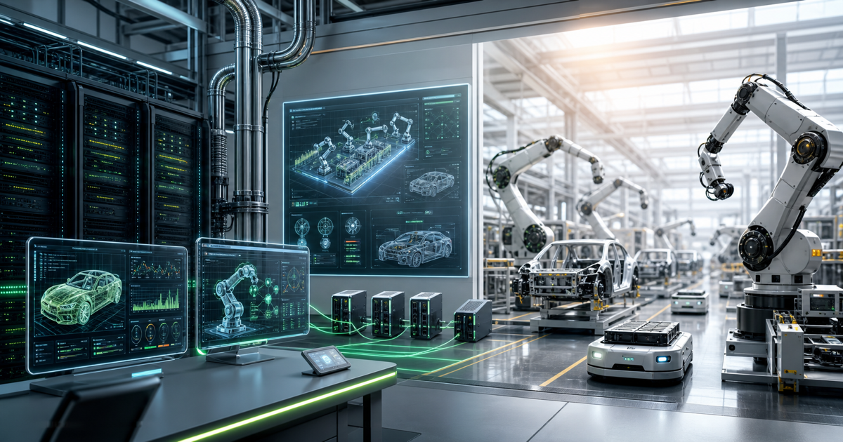A modern AI factory control room connecting infrastructure racks, digital twins, robot simulation screens, and an automated production floor.