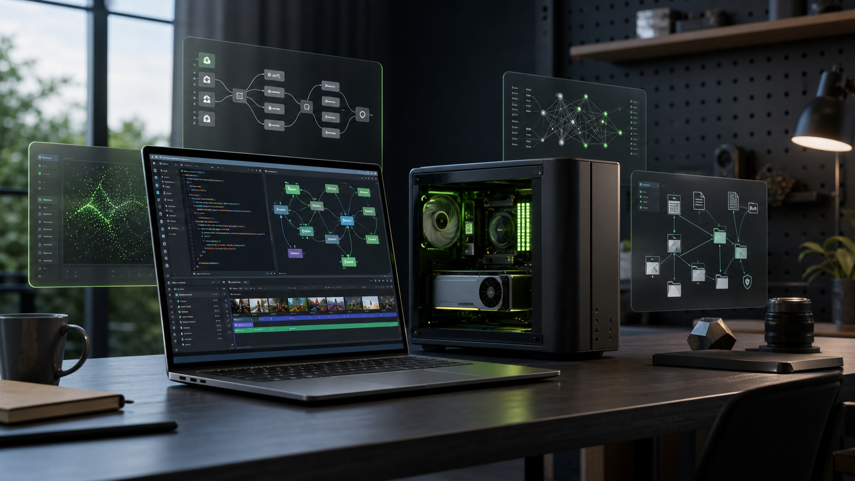 A laptop and compact desktop workstation running local AI agent workflows, code, creative timelines, and private file graphs.