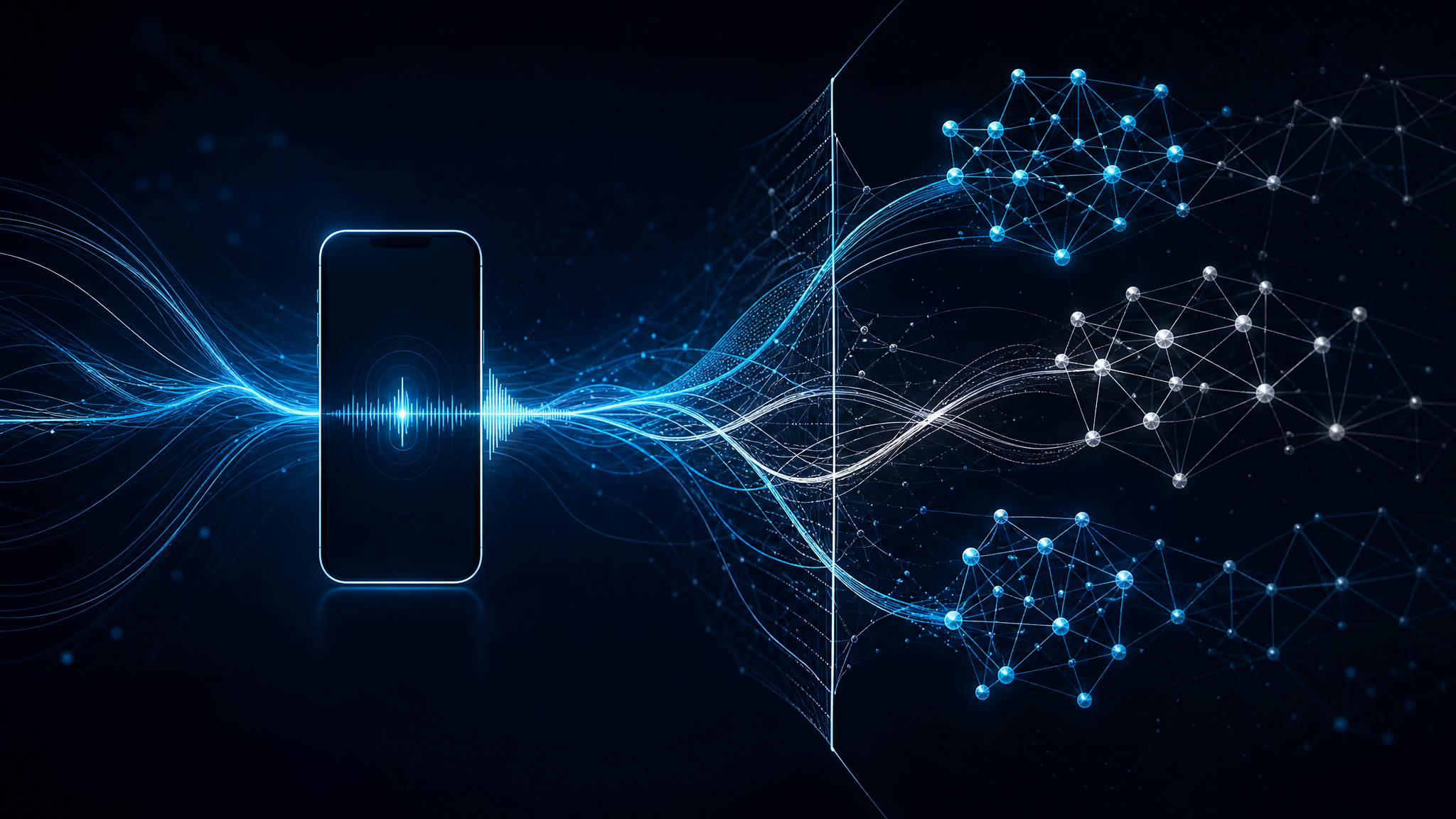 Abstract smartphone assistant interface with voice waves, AI network nodes, and platform-control layers.