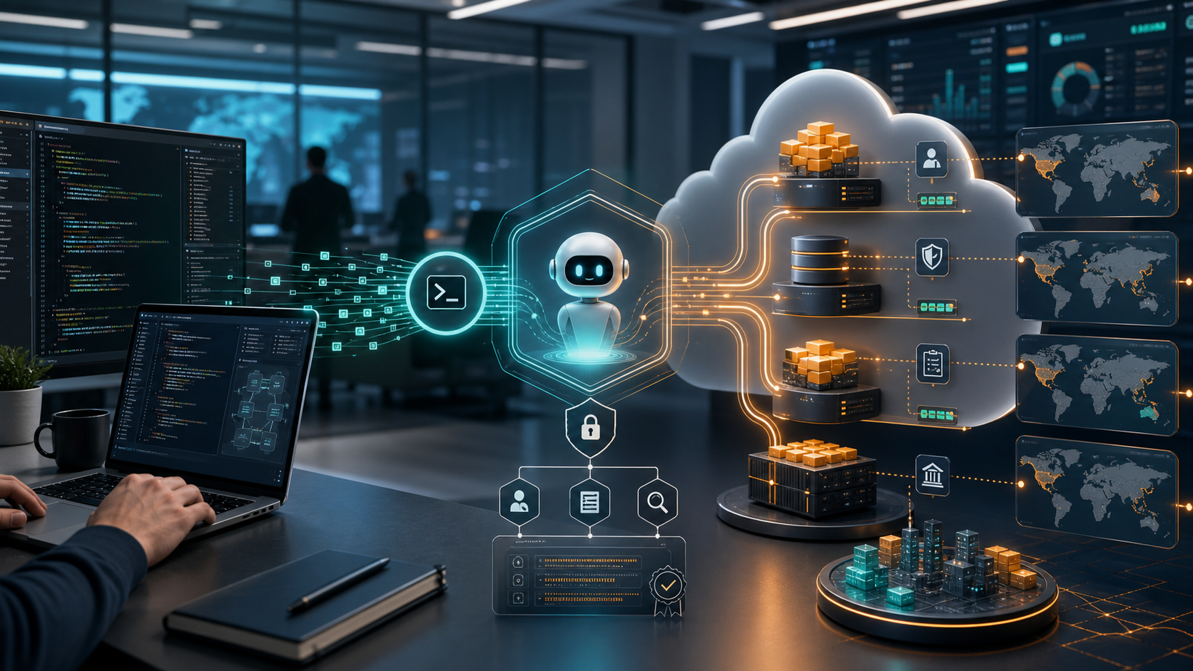 Enterprise cloud workflow showing a coding agent moving from a developer laptop into governed model infrastructure, audit controls, and regional deployment dashboards.