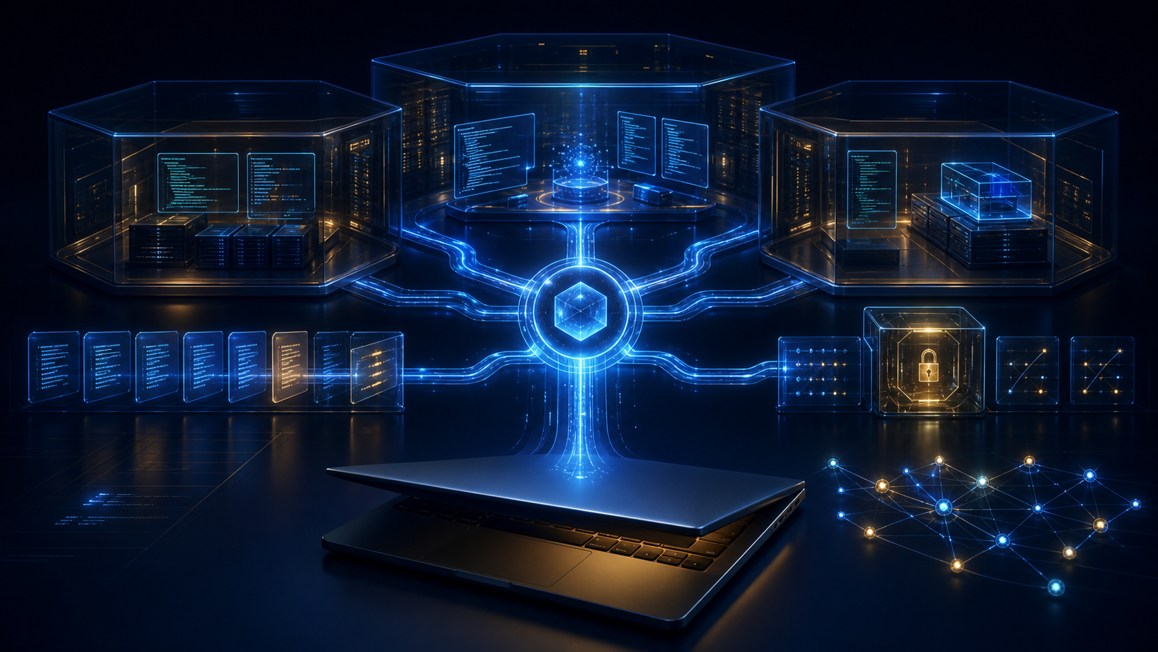 A persistent AI workflow moving from a closed laptop into isolated cloud workspaces with credential and audit controls.