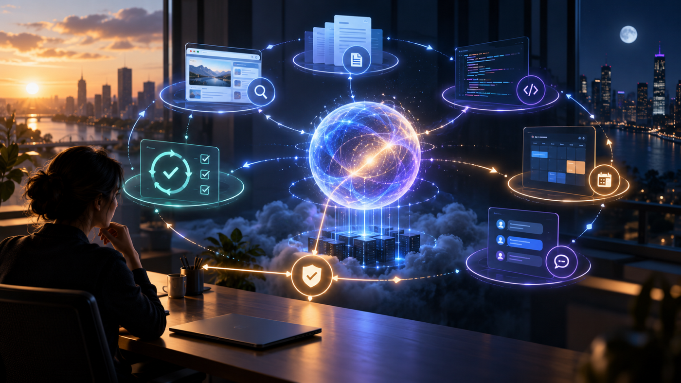 A luminous cloud agent coordinates documents, code, research, schedules, and messages across day and night while a human reviews an approval checkpoint.