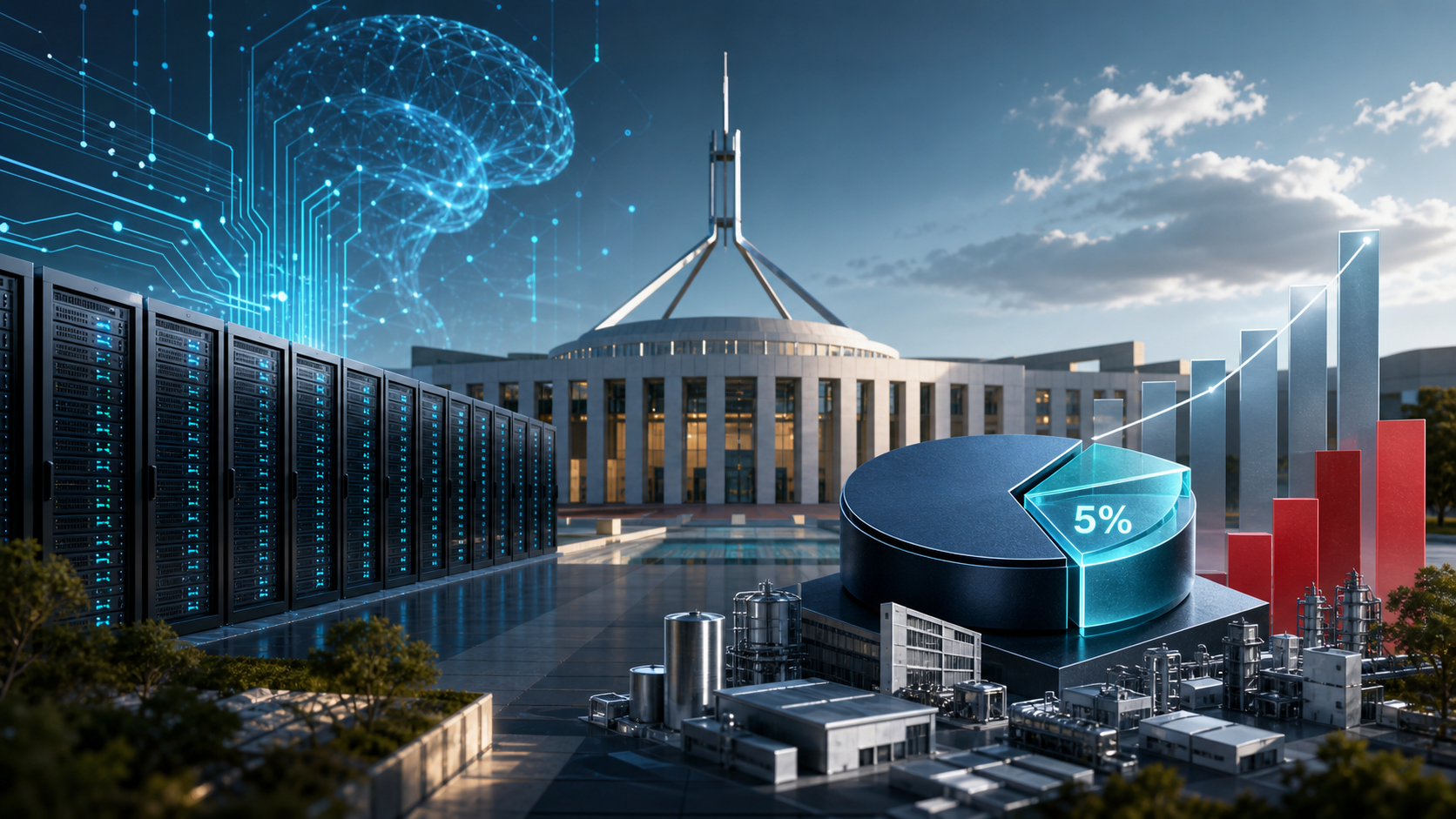 AI data centers, a government building, and a 5 percent public equity stake visualized as an industrial policy chart.