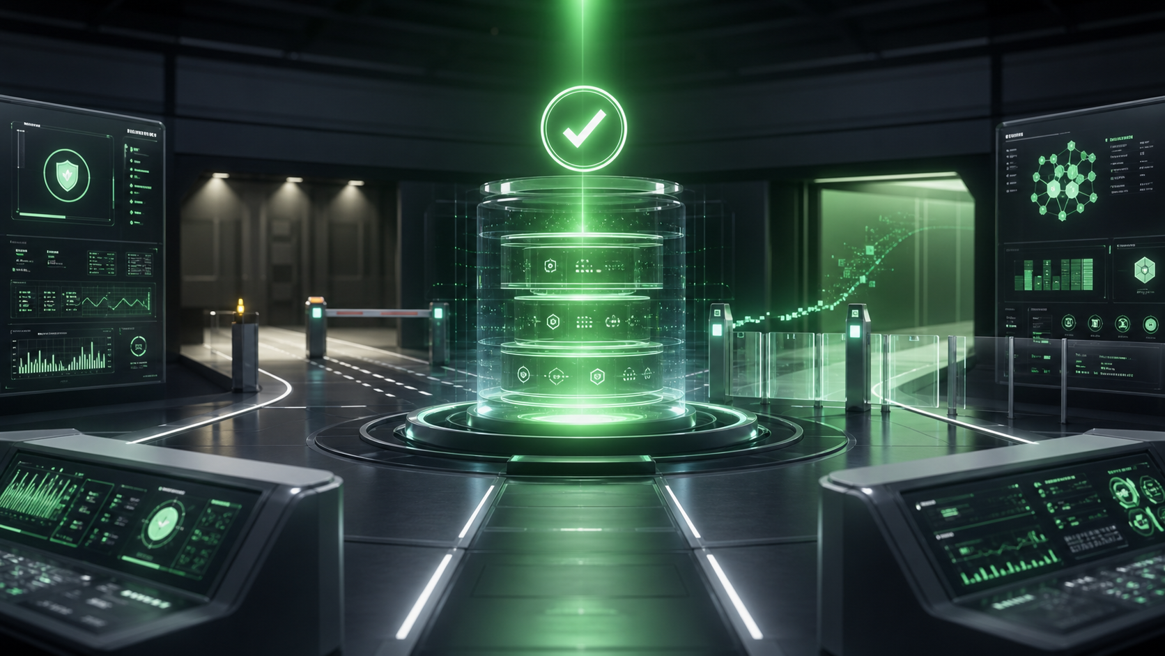 A frontier AI model core receiving approval through safety dashboards, access gates, and deployment controls.