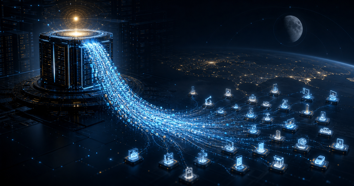 A high-capacity AI computing core distributing affordable data streams to many smaller product and application nodes.