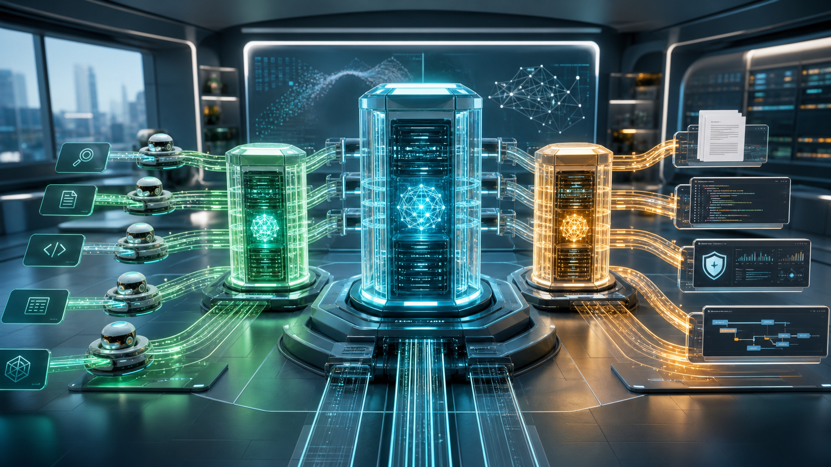 Three AI model tiers routing work through agents, code, documents, and safety dashboards.
