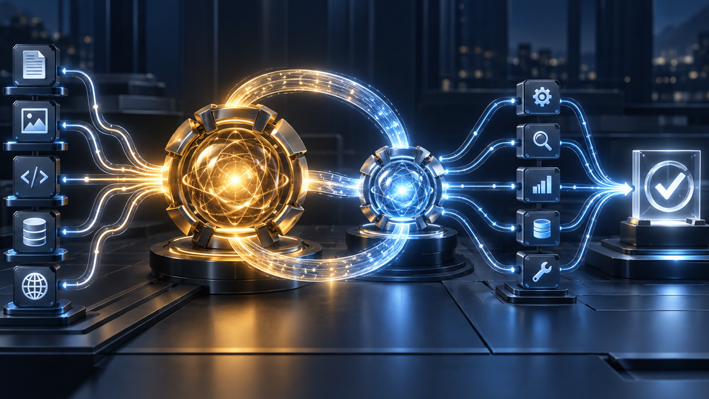 A large amber AI core and a smaller blue core route complex and high-volume agent tasks through a reusable context loop into a verified result.