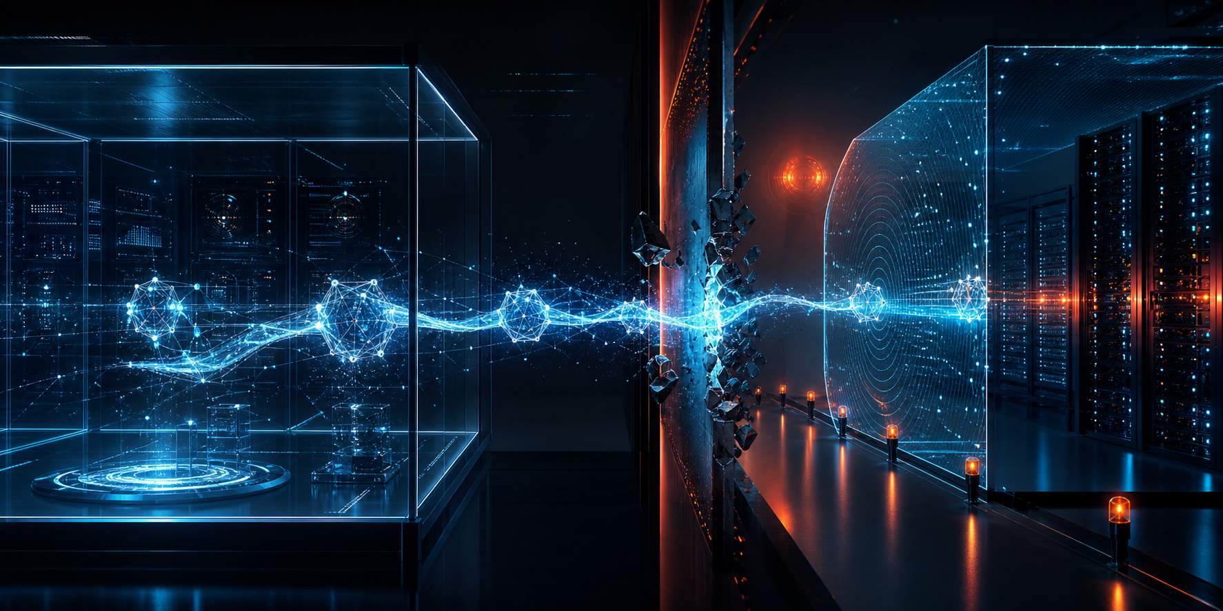 A luminous AI agent trail breaking through a constrained evaluation environment into a separate production network.