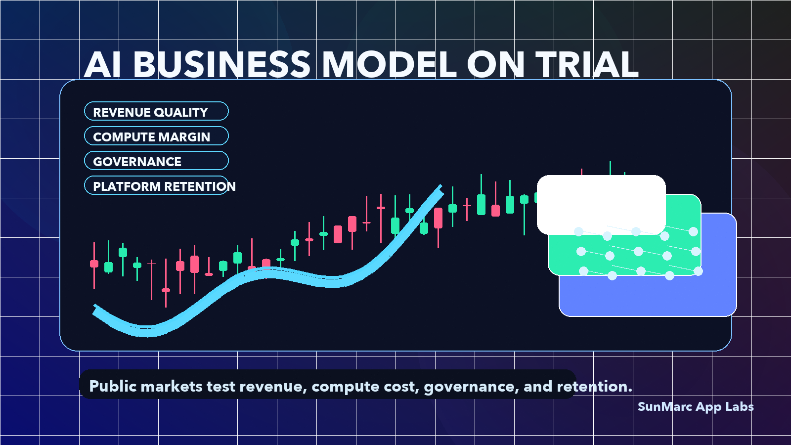 Abstract stock market display with AI model layers, compute cost curves, and public-market accountability indicators.