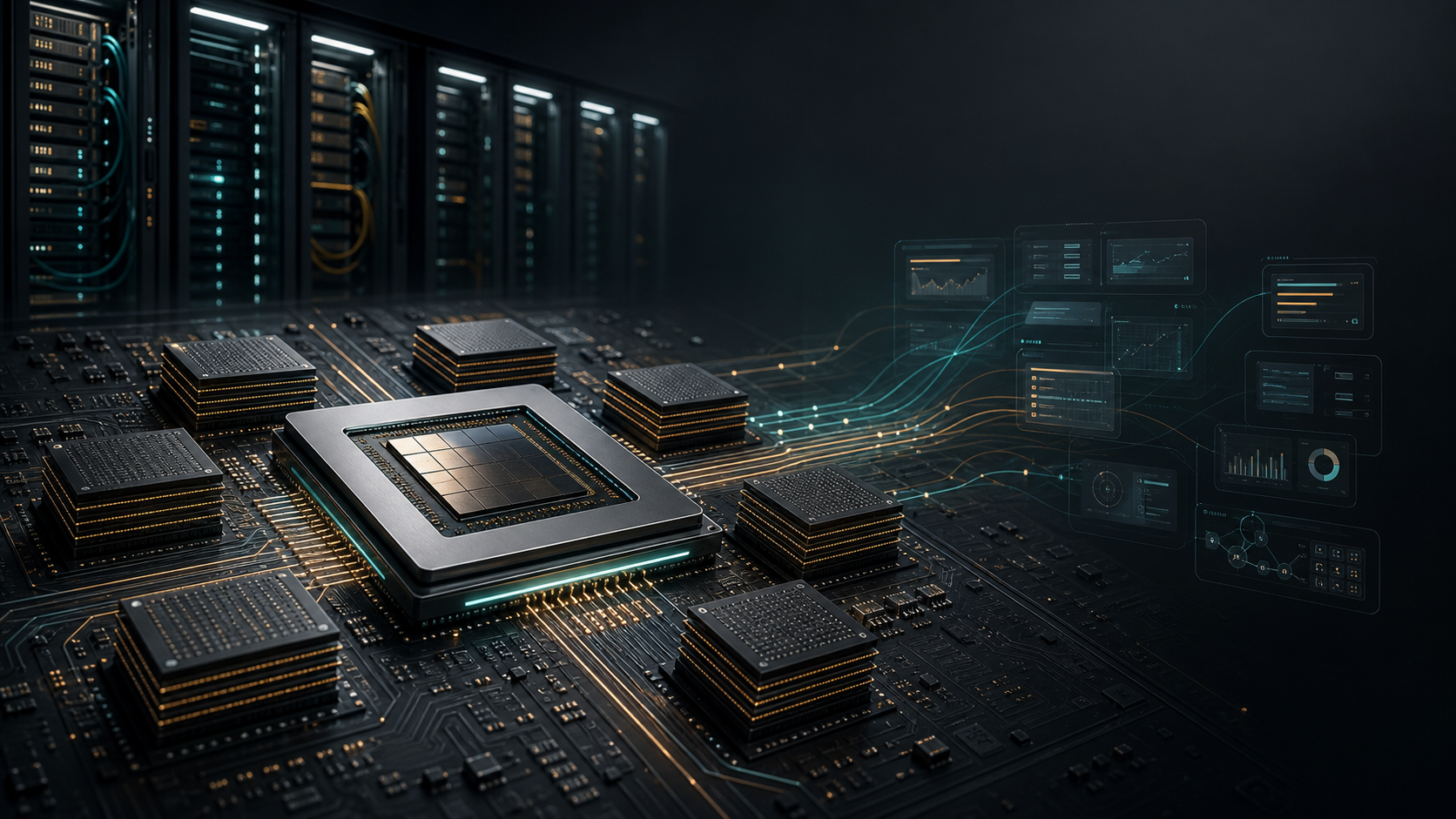 A custom AI inference processor on a server board, surrounded by racks, networking cables, and cooling, representing OpenAI's full-stack hardware push.