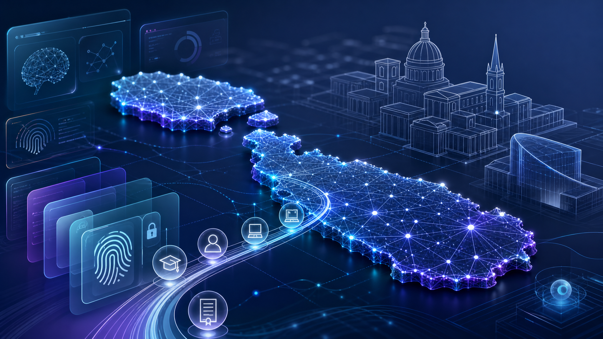 Abstract Mediterranean digital infrastructure map with AI access layers, public-service nodes, and education pathways.