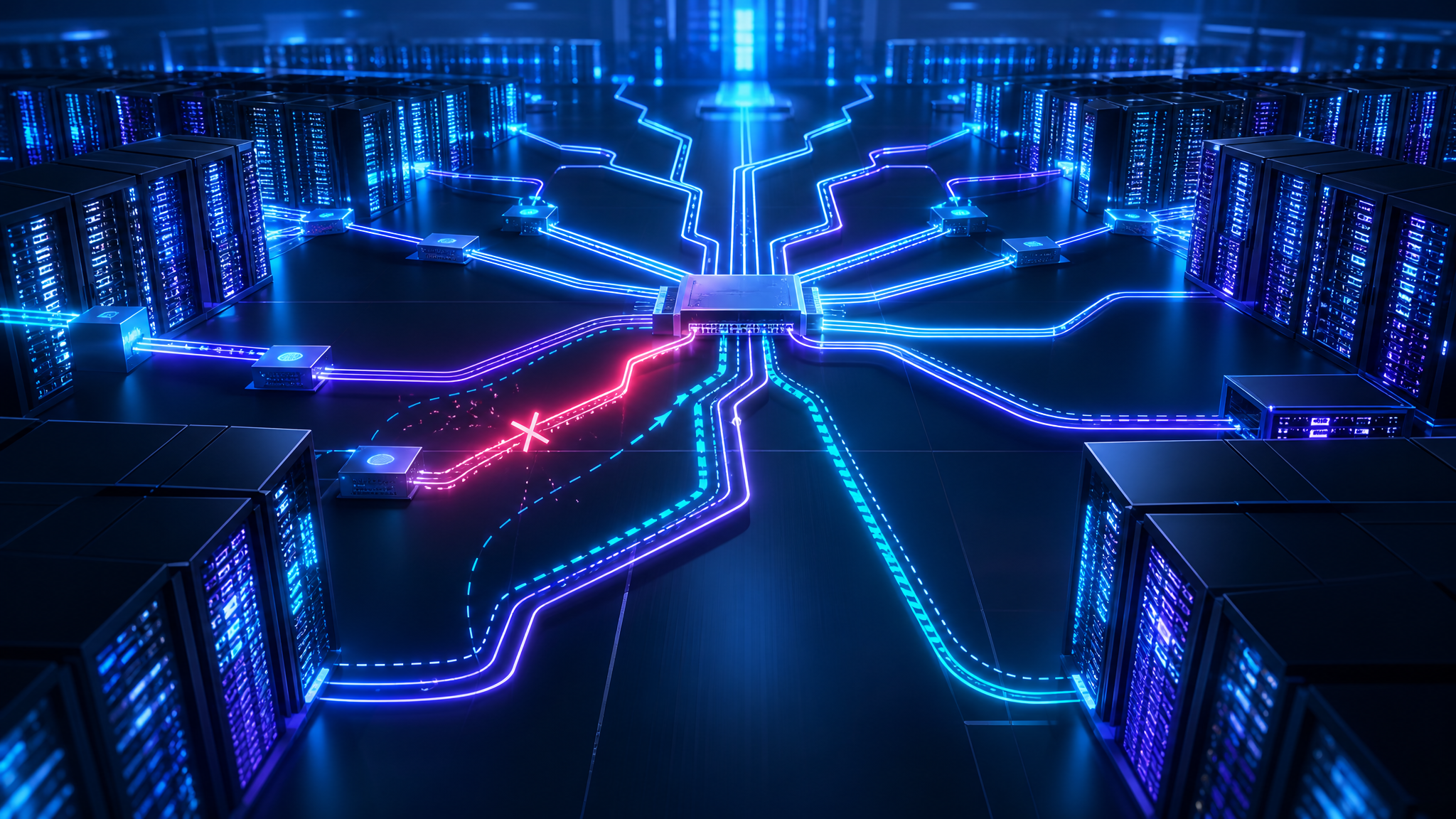 An abstract visualization of high-speed multipath networking flowing across thousands of interconnected GPU nodes in a large AI supercomputer cluster.