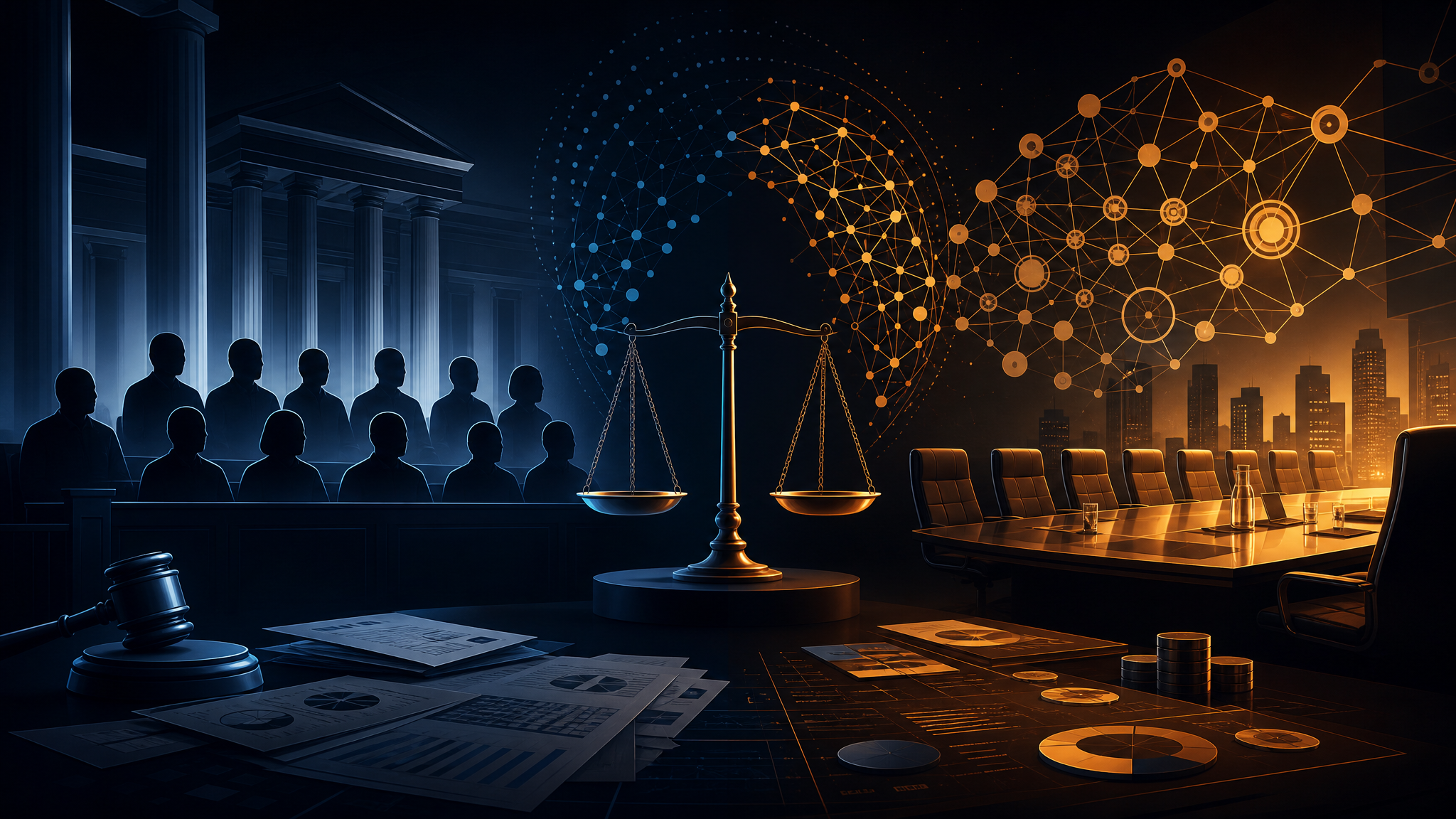 Abstract courtroom, jury, governance board, and AI network imagery representing the Musk vs. OpenAI trial.