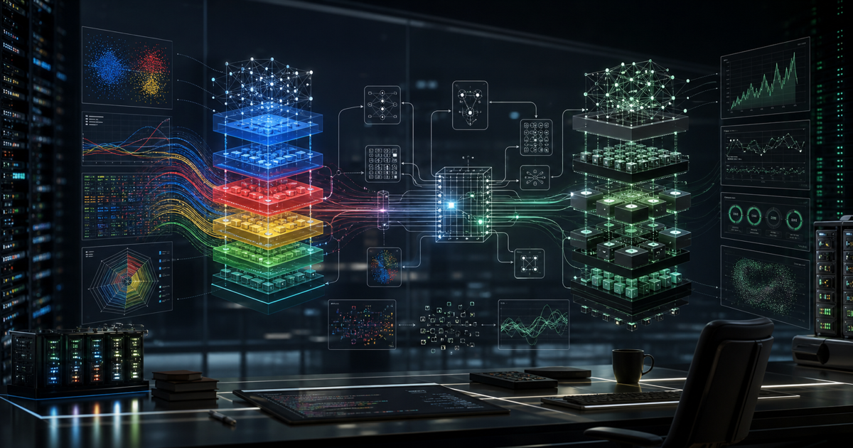 An abstract AI research workspace showing model architecture diagrams moving between frontier AI labs.
