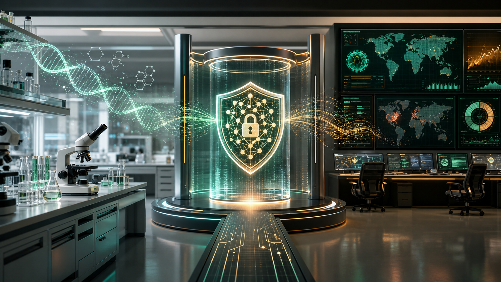 Secure AI gateway inside a biotechnology lab and public health operations room, with DNA data streams, epidemiology panels, and a shield icon.