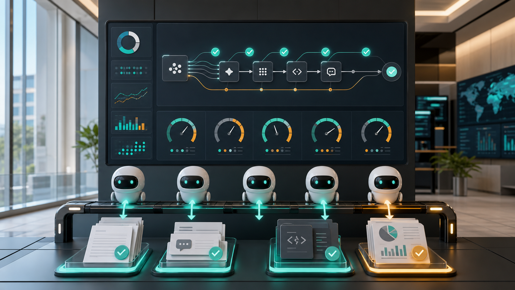 Enterprise AI workflow dashboard showing completed tasks, cost gauges, reliability checks, and routed outputs.