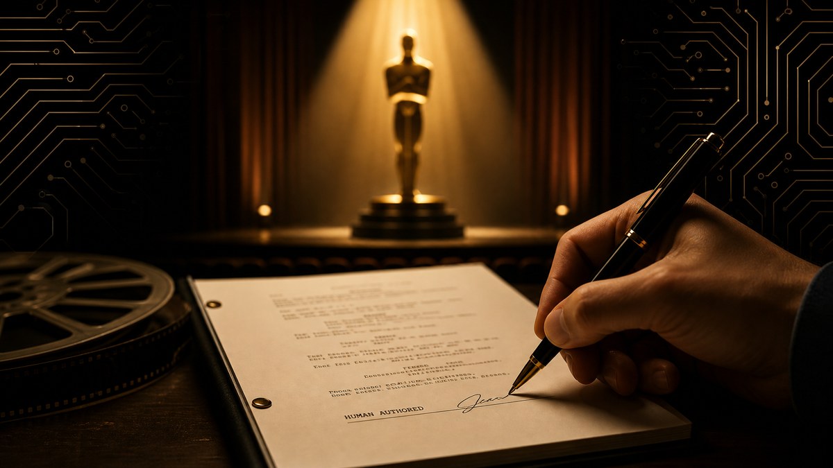 A film award statue in dramatic lighting, representing the Academy's new rules on human authorship and AI in film.