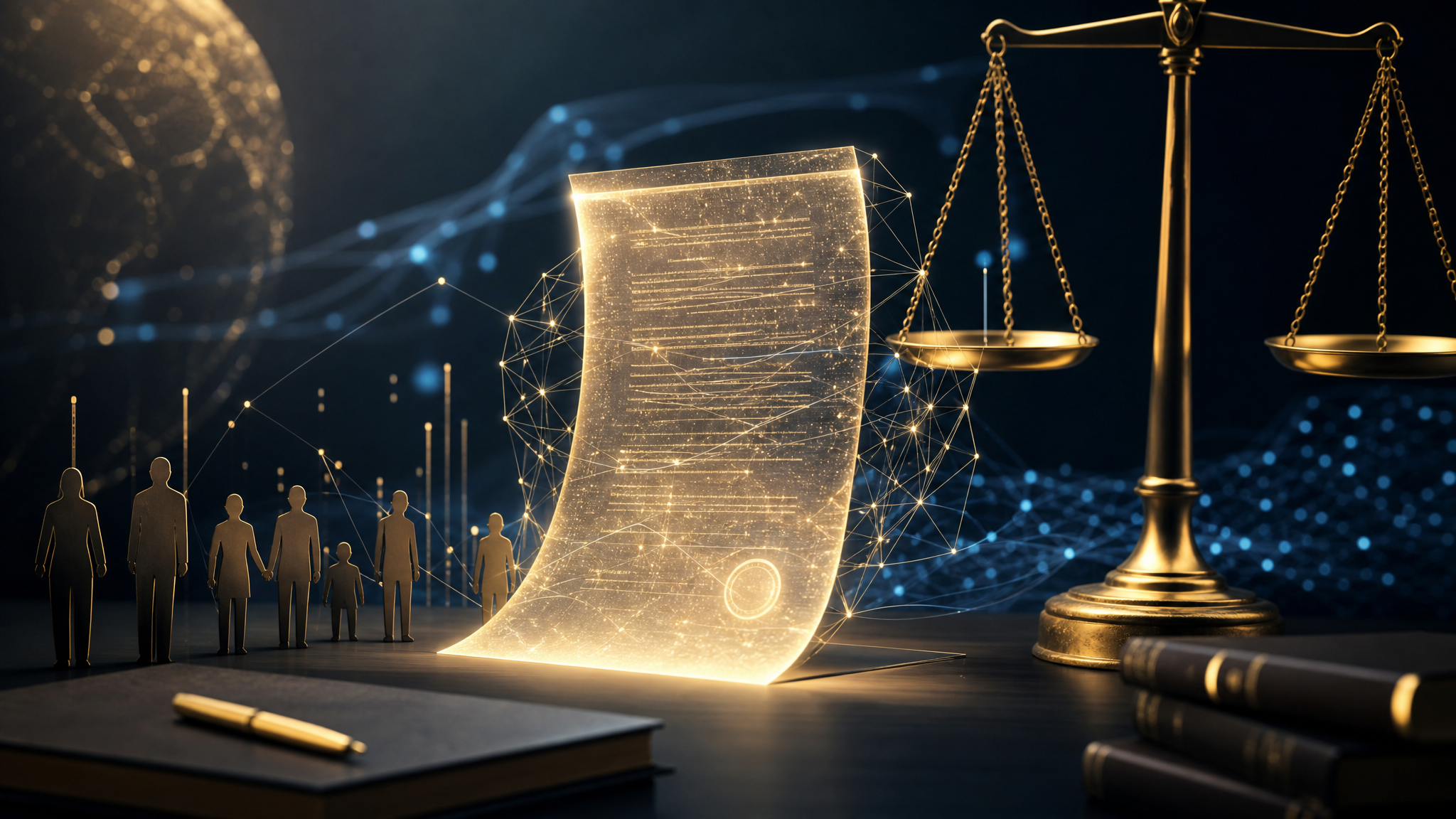 Abstract AI governance scene with a luminous document, balanced scales, human silhouettes, and neural network lines.
