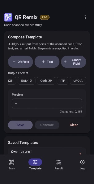 QR Remix template composer with QR, text, and Smart Field controls.