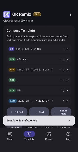 A QR Remix template combining a scanned range, fixed text, serial field, and date field.