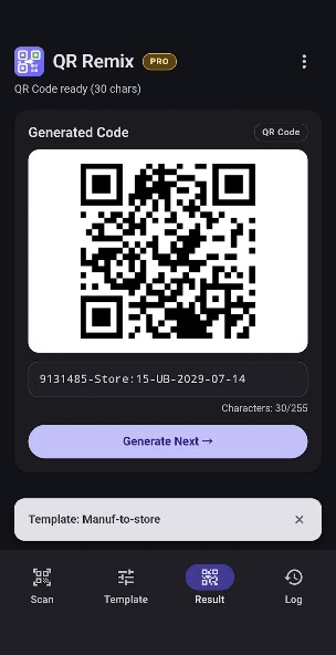 QR Remix generated code with the Generate Next batch control.