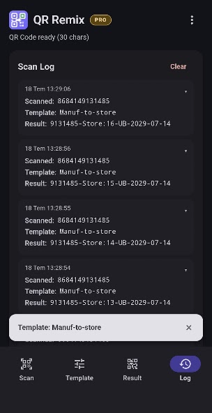 QR Remix scan log showing repeated transformation results.