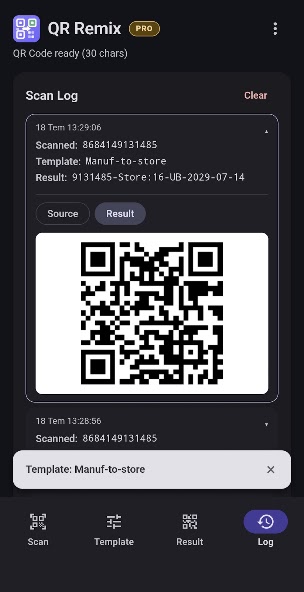 QR Remix history result view with generated QR output.