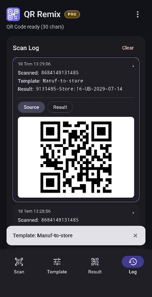QR Remix history source view for a previous scan.