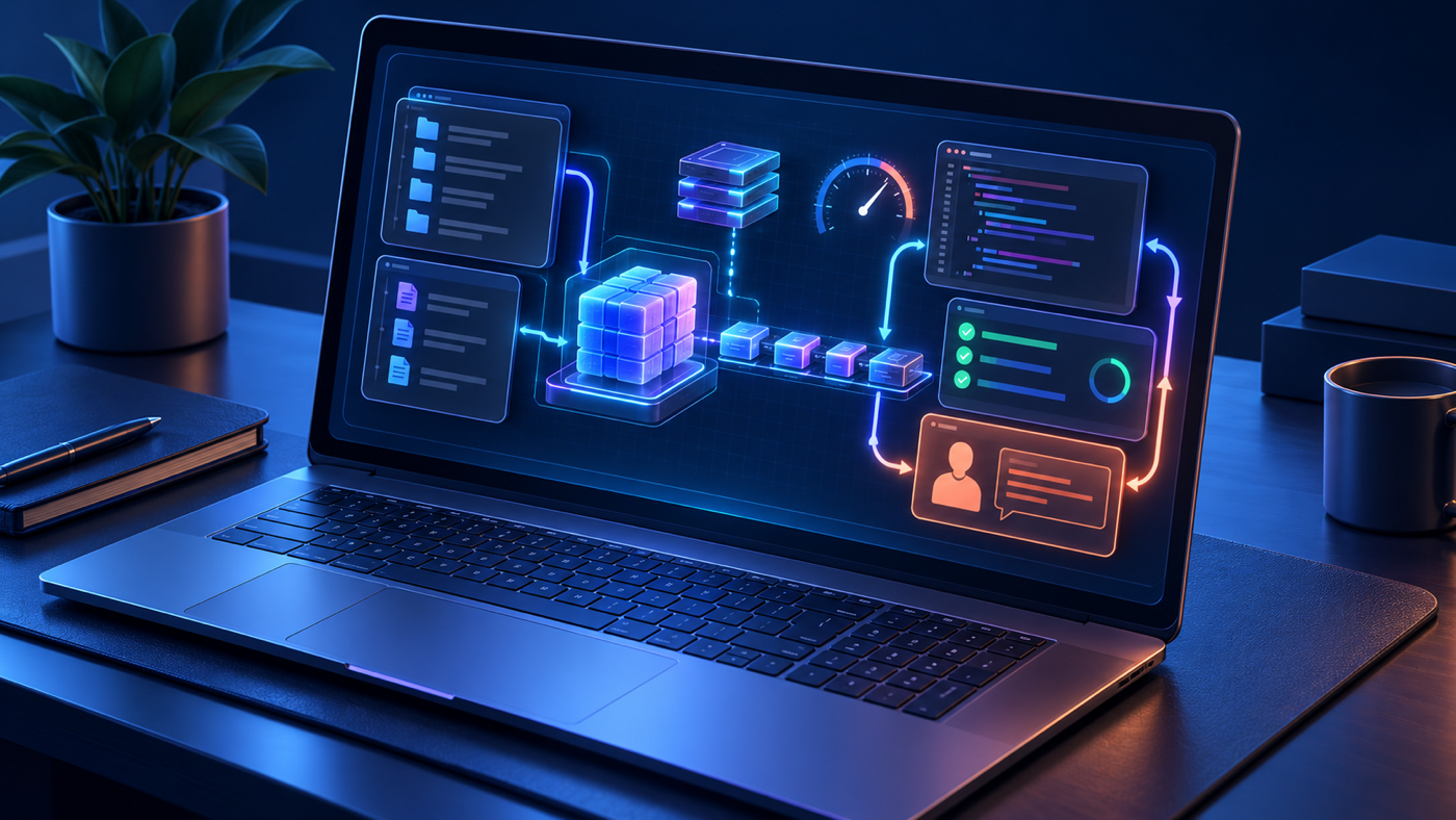 A professional laptop runs a local model connected to repository files, code edits, test checks, memory tiles and human review within an on-device workspace.
