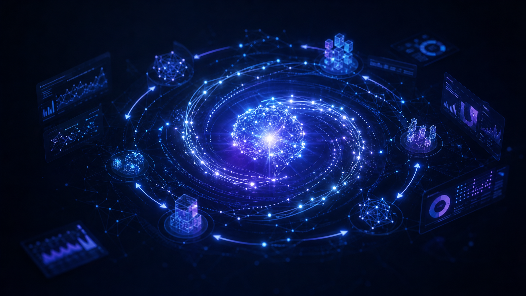 Abstract recursive AI system with glowing neural loops, evaluation dashboards, and branching experiment paths.
