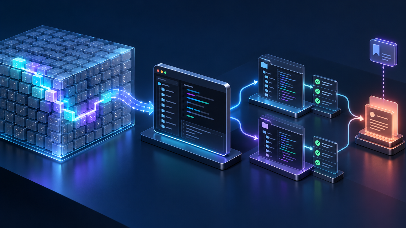 A large model-weight archive with a narrow active path feeds a terminal workflow, separate repository worktrees, test checks, and human review.