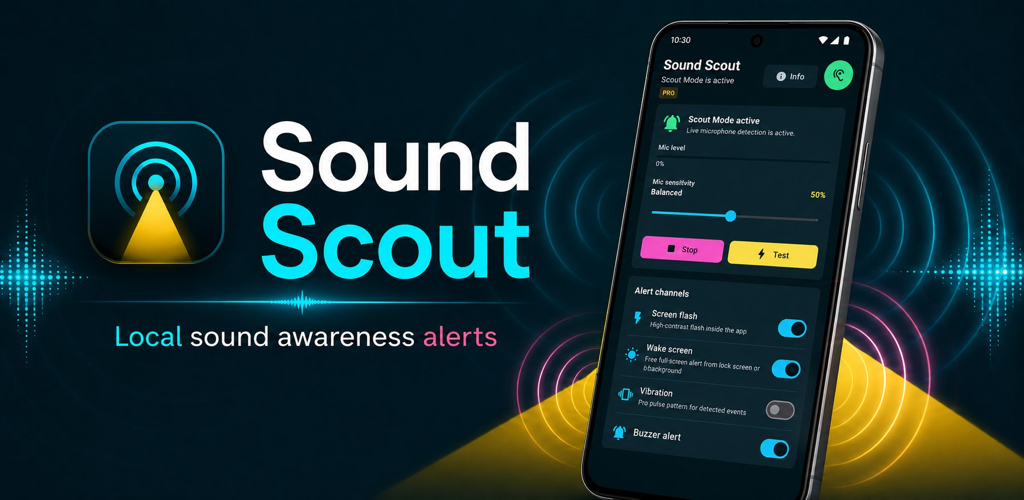 Sound Scout feature graphic for local sound awareness alerts.