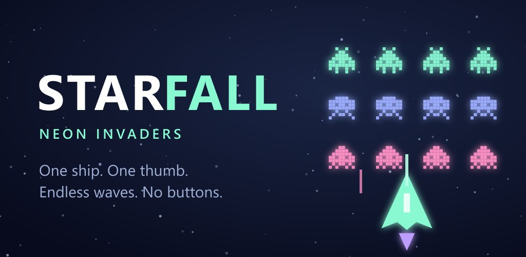 Starfall: Neon Invaders neon arcade shooter feature graphic.