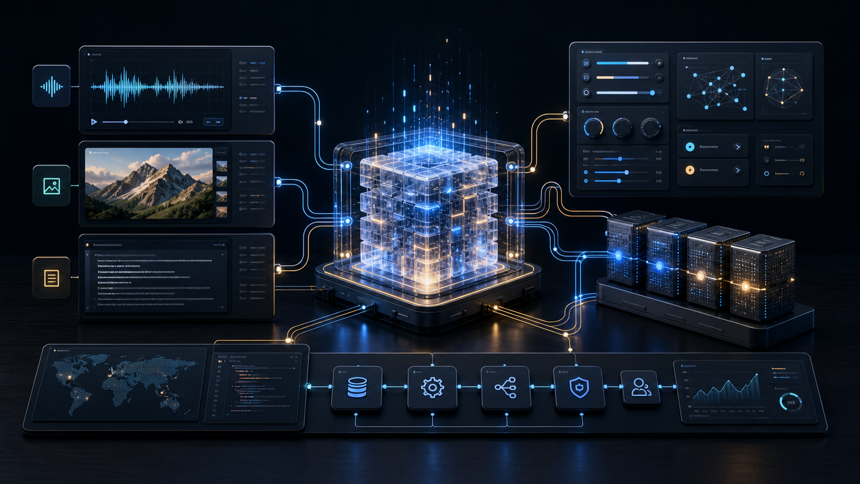Modular AI model core connected to customization controls, multimodal panels, and workflow nodes.