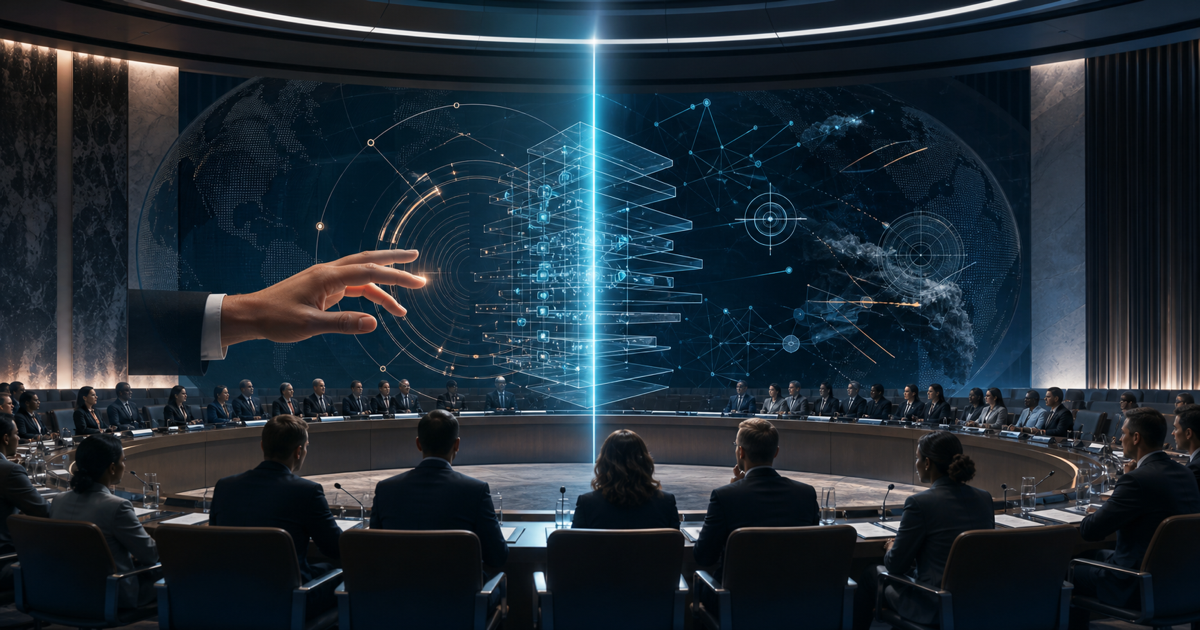 A diplomatic conference chamber framing an AI decision network between military systems and a human oversight control.