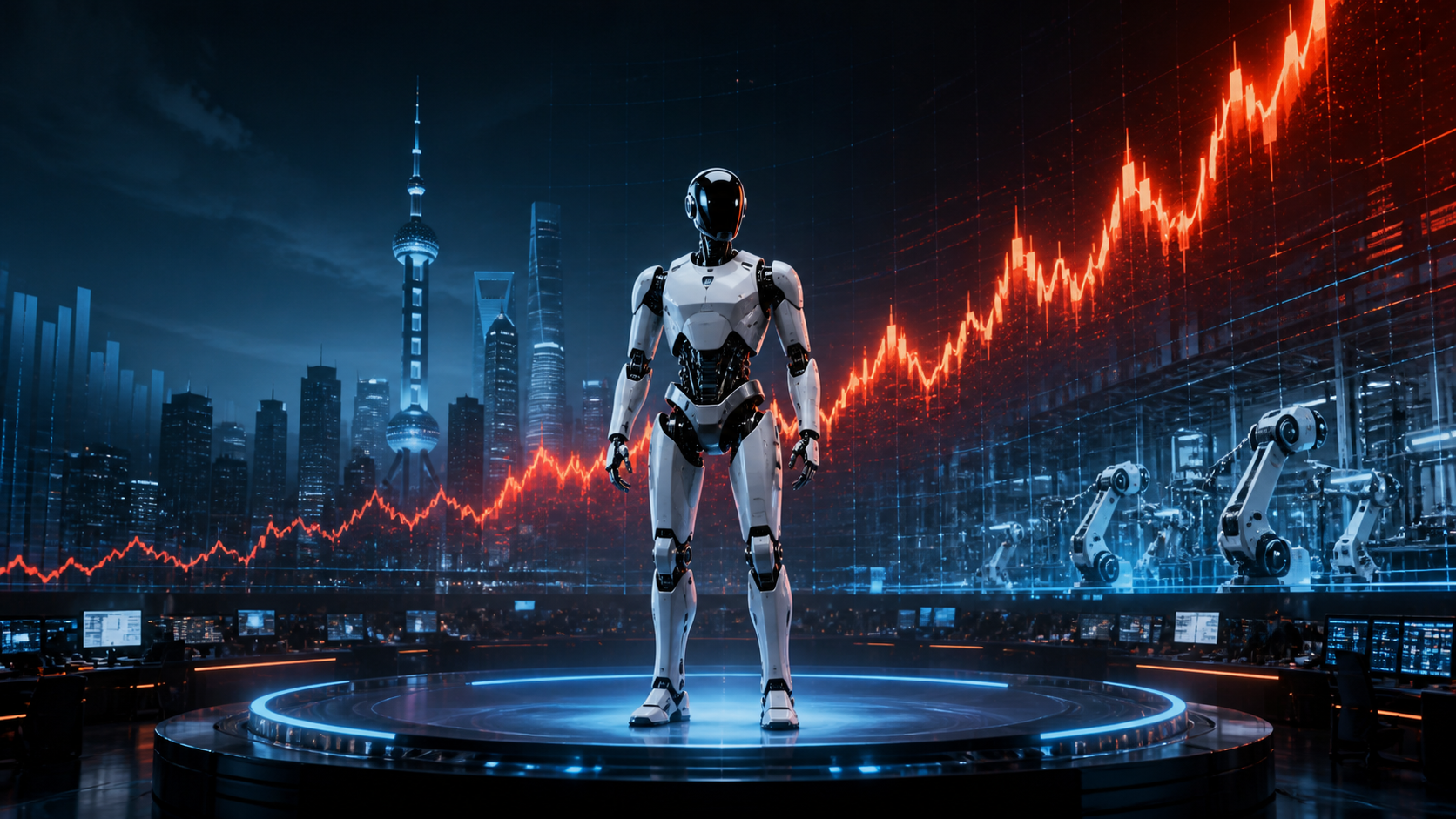 A humanoid robot stands between a sharply rising market chart, Shanghai’s skyline, and an industrial production line.