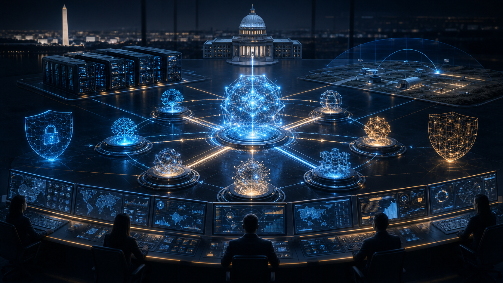 A secure command center showing a central AI network connected to multiple model nodes, hardened computing facilities, a test range, cybersecurity shields, and human oversight stations.