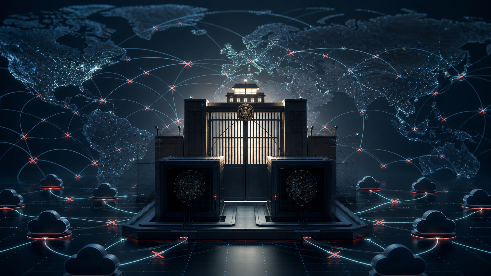 A U.S.-controlled identity checkpoint blocking two advanced AI cores as connected cloud nodes go dark across a world map.
