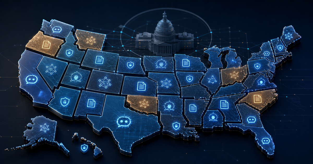 A map of the United States divided into illuminated state panels carrying different AI safety, disclosure, and governance symbols.